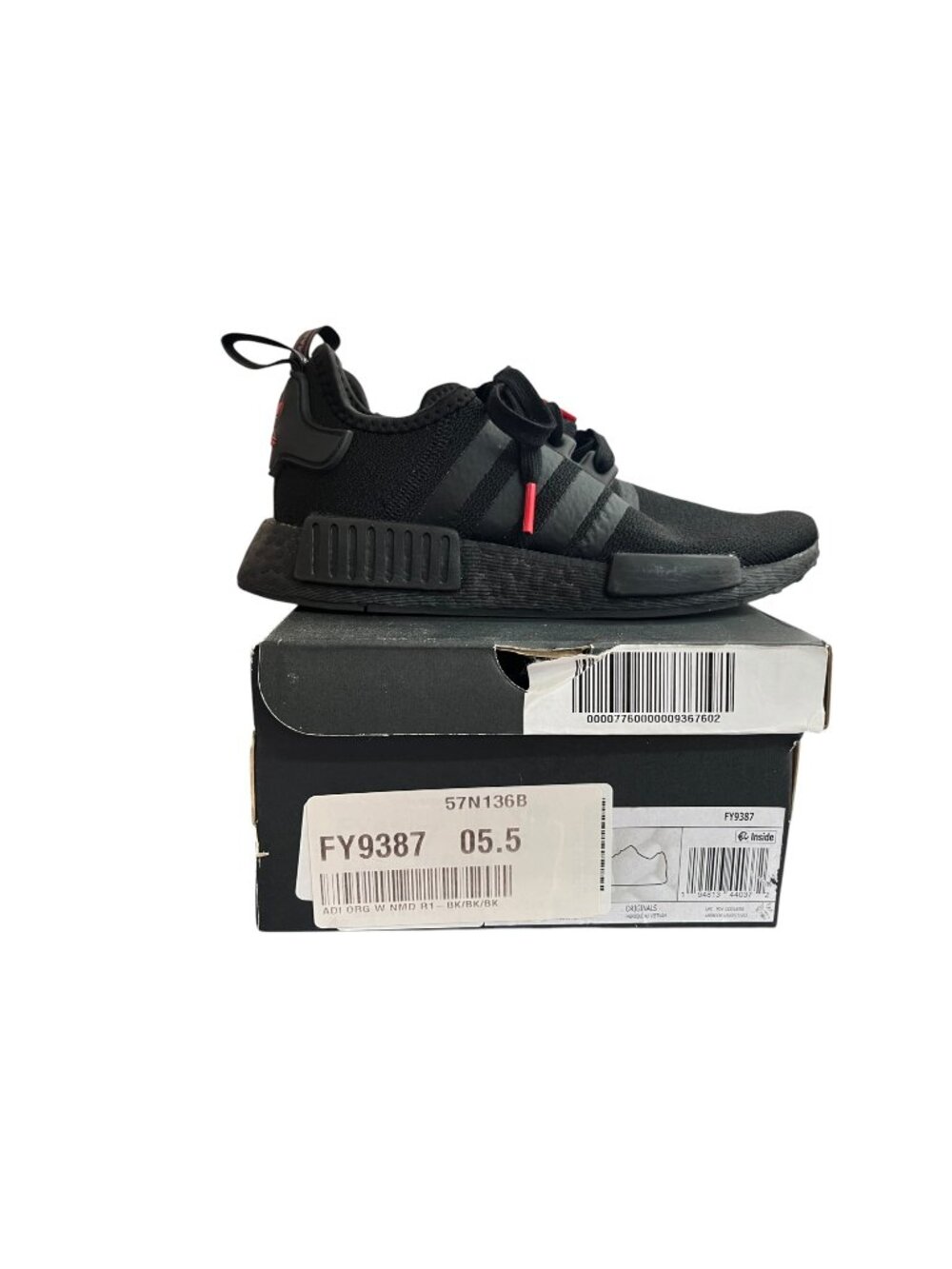 Adidas NMD_R1 Core Black & Scarlet Sneakers SZ 5.5 NWB